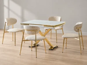 Diamond Marmo Gold dining set, front three-quarter styled view