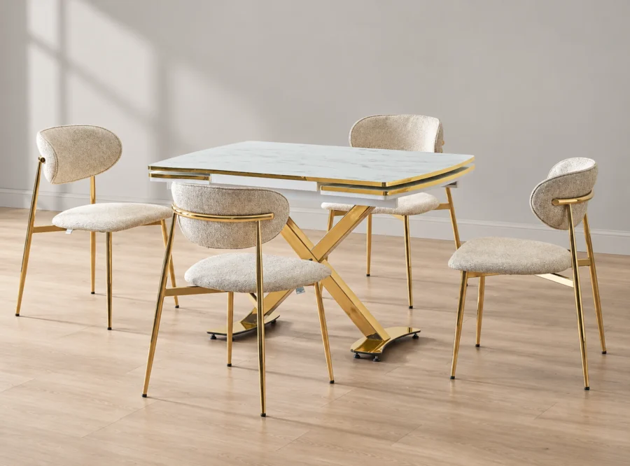 diamond-marmo-gold-dining-set-1 Diamond Marmo Gold dining set, front three-quarter styled view