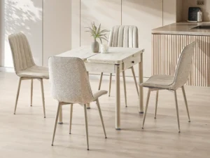 Neva Traverten dining set, front three-quarter styled view