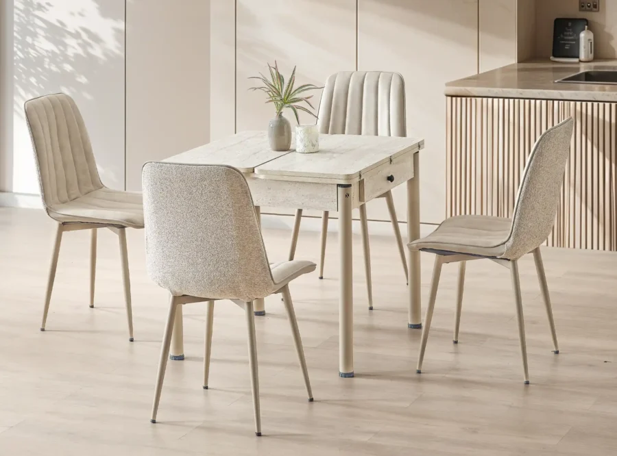 neva-traverten-dining-set-1 Neva Traverten dining set, front three-quarter styled view