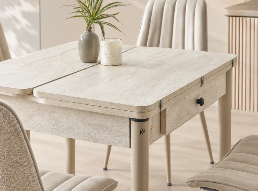neva-traverten-dining-set-2 Neva Traverten dining set, alternate angle styled view