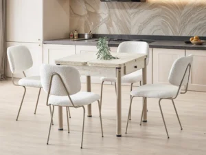 Neva Traverten Dining Set with white dining chair