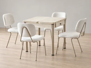 Neva Traverten dining set with white dining chairs, front three-quarter styled view