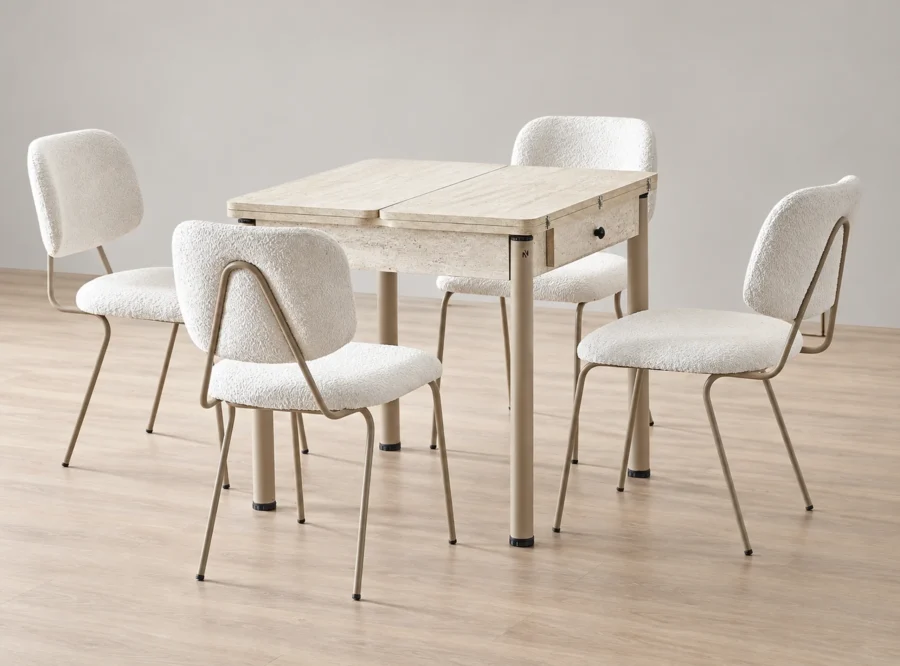 neva-traverten-dining-set-with-white-dining-chair-1 Neva Traverten dining set with white dining chairs, front three-quarter styled view