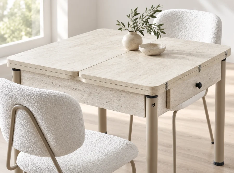 neva-traverten-dining-set-with-white-dining-chair-2 Neva Traverten dining set with white dining chairs, alternate angle styled view