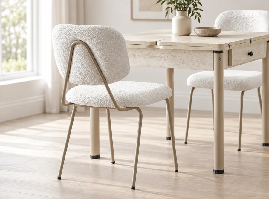 neva-traverten-dining-set-with-white-dining-chair-3 Neva Traverten dining set with white dining chairs, table and chair detail view