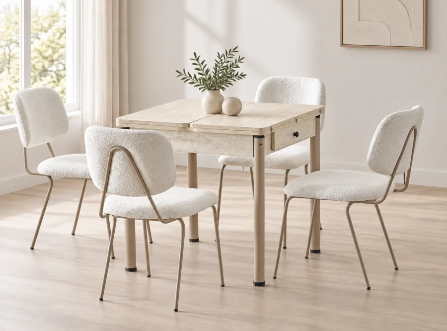 neva-traverten-dining-set-with-white-dining-chair-4 Neva Traverten dining set with white dining chairs, alternate styled room view