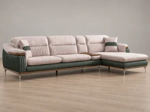 Aston L-shaped sofa in blush and green, three-quarter view, styled image