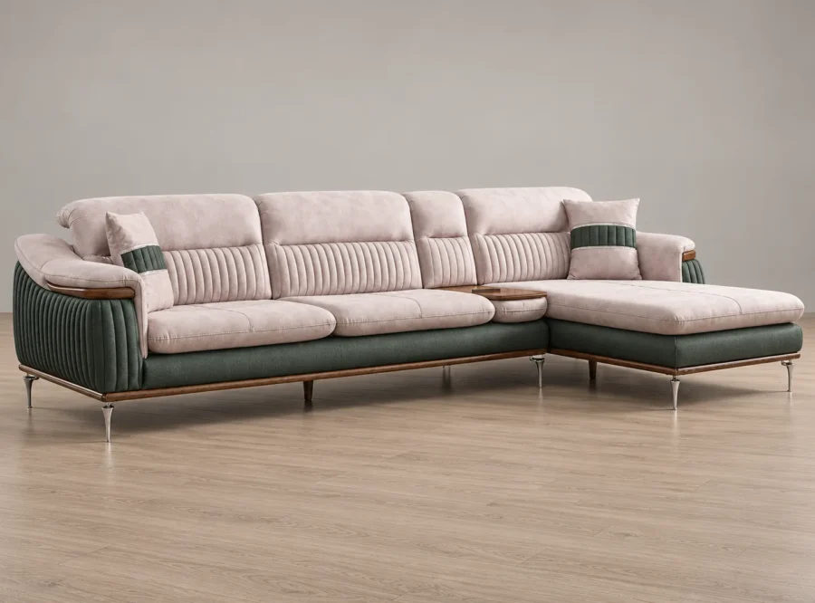 Aston L-shaped Sofa - full view, styled image Aston L-shaped sofa in blush and green, three-quarter view, styled image