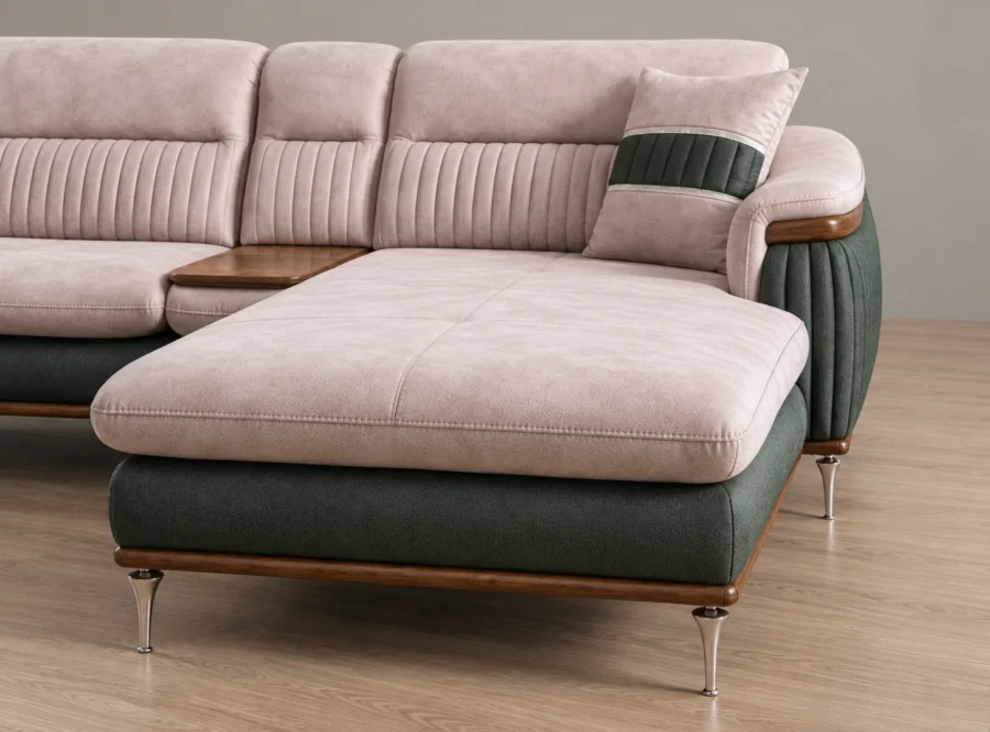 Aston L-shaped Sofa - chaise end, styled image Aston L-shaped sofa chaise end with corner tray and scatter cushion, styled image