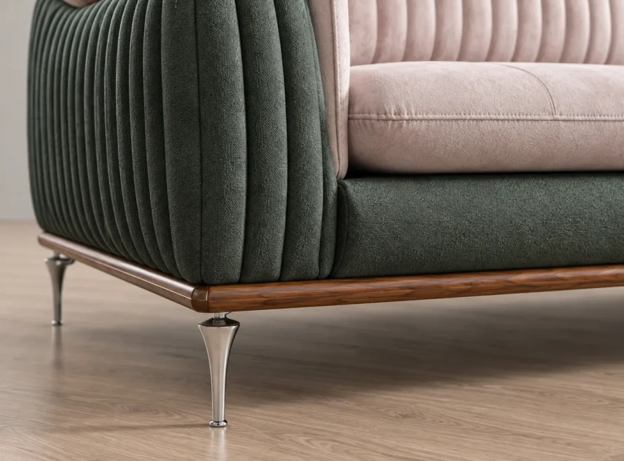 Aston L-shaped Sofa - leg and trim close-up, styled image Aston L-shaped sofa walnut trim and chrome leg close-up, styled image