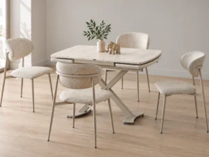 Diamond Traverten dining set, front three-quarter styled view