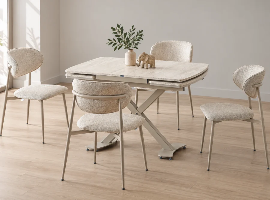 diamond-traverten-dining-set-1 Diamond Traverten dining set, front three-quarter styled view