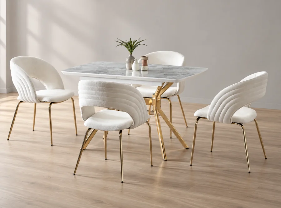 duman-gold-dining-set-1 Duman Gold dining set, front three-quarter styled view