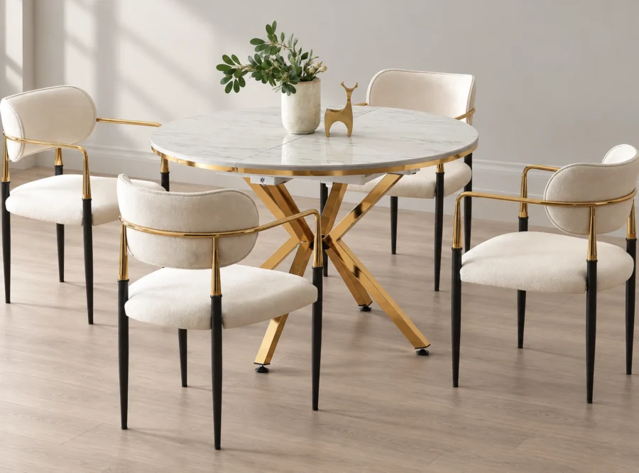 zenit-plus-marmo-gold-dining-set-1 Zenit Plus Marmo Gold dining set, front three-quarter styled view